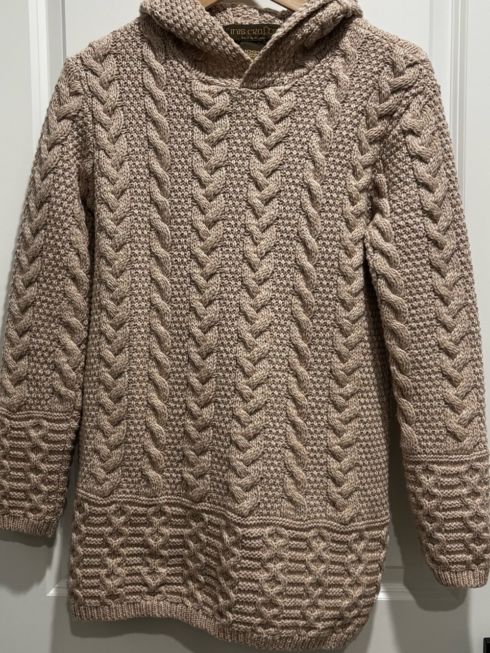 Inis Crafts 100% Merino wool hooded Aran/fisherman pullover